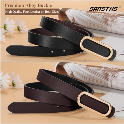SANSTHS Reversible Belts for Women, Two-in-one Thin Waist Belt Women for Dresses Jeans Coats with Gold Buckle, Black+Coffee, M4