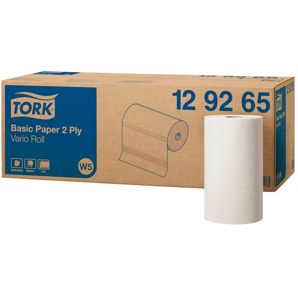 Tork 129265 Papel básico de Dos Capas/Paños de Papel compatibles con el dispensador Basic Paper Vario Roll W5 / Universal / 10 x bobinas de 55 m/Color Blanco