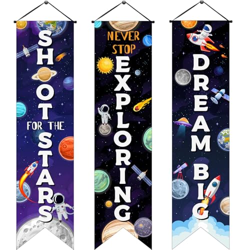Image of Chiisong 3 Pcs Outer Space Party Decorations Banners Galaxy Vbs Astronaut Porch Signs Never Stop Exploring Back to School Welcome Motivational Hanging Flags Classroom Photo Props Backdrop Supplies