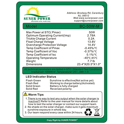 Suner Power 12V Solar Battery Charger Maintainer, Waterproof 50W Solar Trickle Charger, High Efficiency Solar Panel Kit, Built-In Intelligent Mppt Controller + Adjustable Bracket + Sae Cable Kits #TOP4