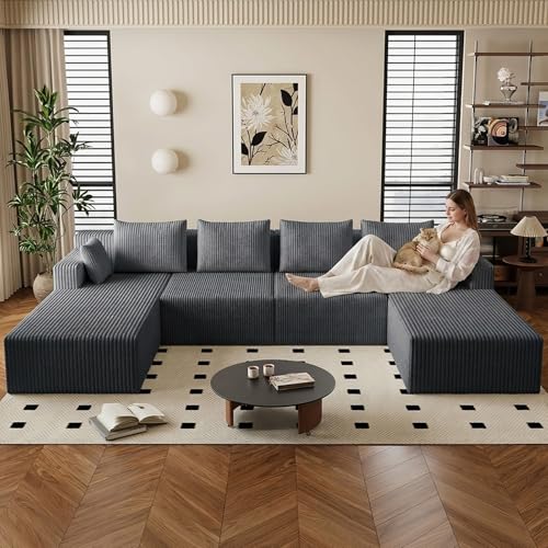 Image of 142 inch U-Shape Cloud Couch, Modern Modular Sectional U-Shape Sofa, Corduroy Boneless Couch Upholstered Couches Deep Seat Sleeper Chaise Longue for Living Room, No Assembly Required,Dark Gray