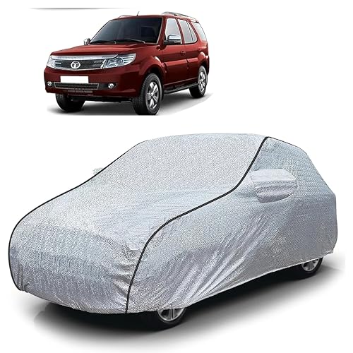 Image of Sulfar 100% Waterproof Car Body Cover Compatible with Mirror for Tata Safari Storme (Triple Stitched, Full Bottom Elastic, Magic Silver with Black Piping)