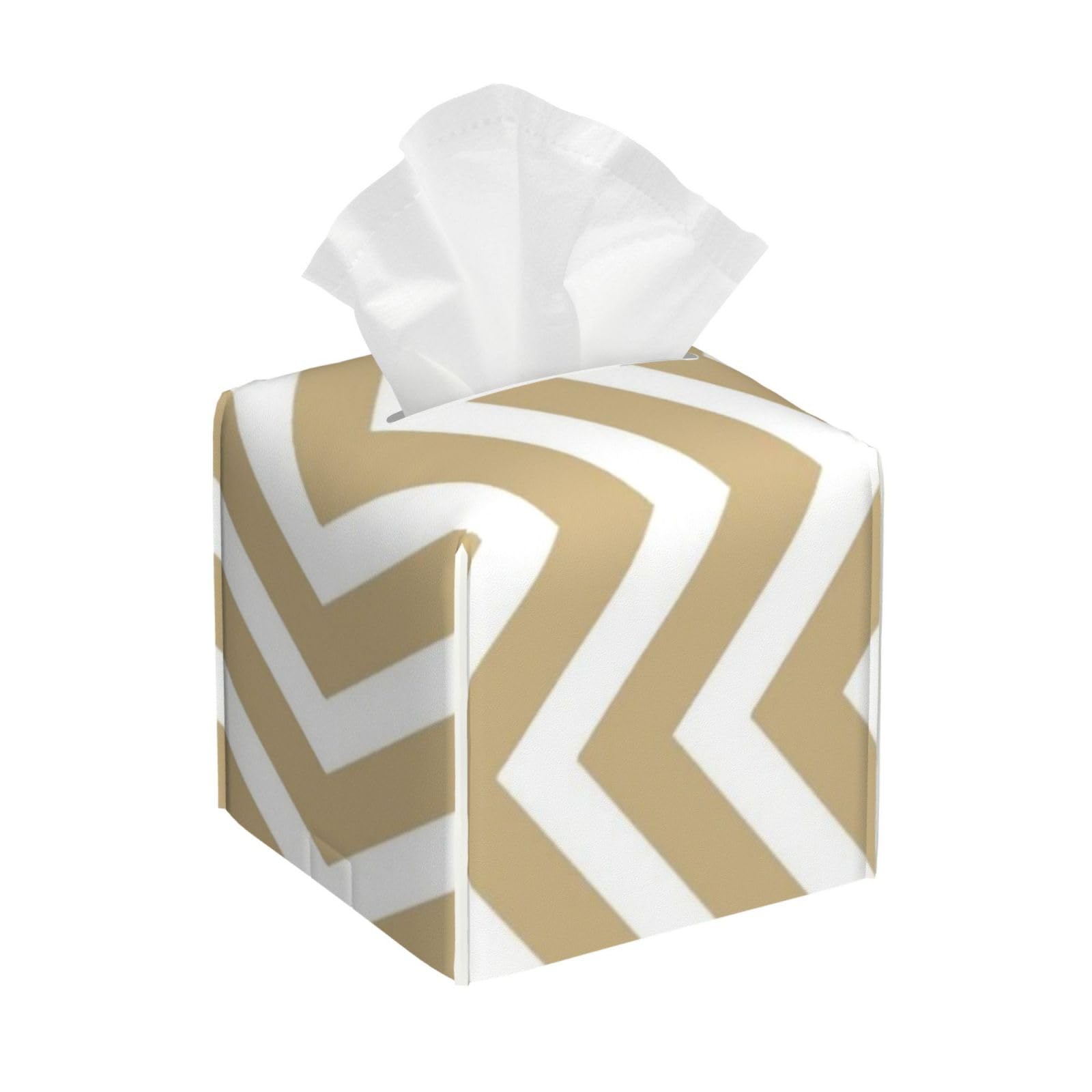 Christmas Gold and White Chevron Tissue Box Cover 5" Square Leather Tissue Holder Facial Tissue Case for Tabletop Bedroom Bathroom Desk Decor