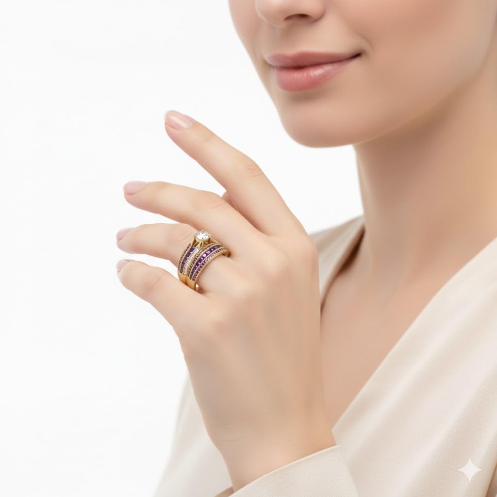 Choose Your Gemstone 3 Row Diamond CZ Milgrain Bridal Ring Set Yellow Gold Plated Round Shape Wedding Ring Sets Matching Jewelry Wedding Jewelry Easy to Wear Gifts US Size 4 to 12
