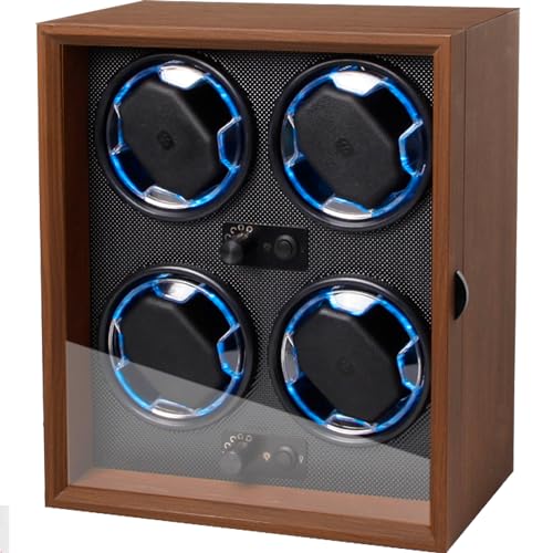 AUMIN Automatic Watch Winder 4 Slots 4 Rotation Modes with Blue LED Light,watch storage box with Soft Flexible Watch Pillow, AC Adapter Quiet Motor, Black walnut woodwork