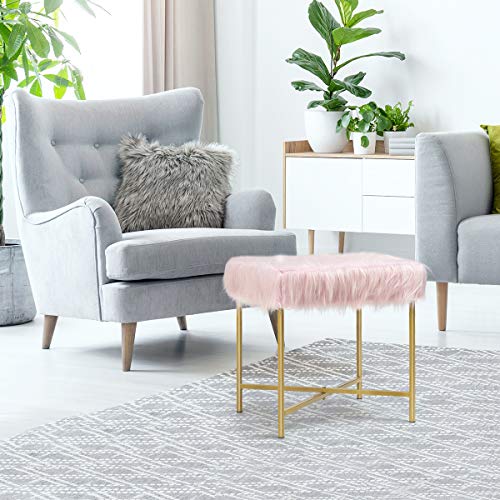 Giantex Ottoman Footrest W/Padded,Luxurious Faux Fur Covered Seat And Gold Metal Base For Living Room, Bedroom Square Ottoman (Pink) #TOP7