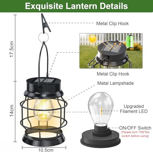Hanging Solar Lanterns Outdoor, 2 Pack Upgraded Metal Hanging Solar Lights Outdoor Waterproof Warm White LED Hanging Outdoor Lanterns for Balcony Porch Patio Yard Decor by Amzxart - Used condition - Image 3