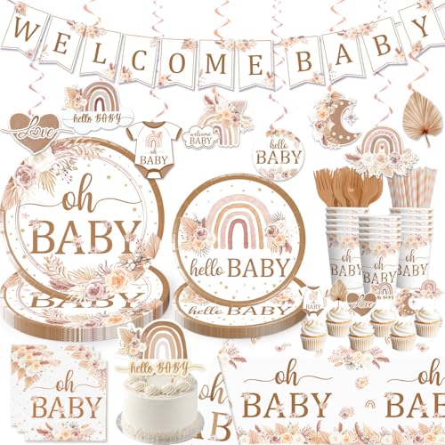 Yingoto 156pcs Boho Baby Shower Decorations Tableware Set, All-in-one Rainbow Decorations with Boho Plates, Napkins, Cups, Banner, Cake Topper, A Little Ray of Sunshine Baby Shower Decor for