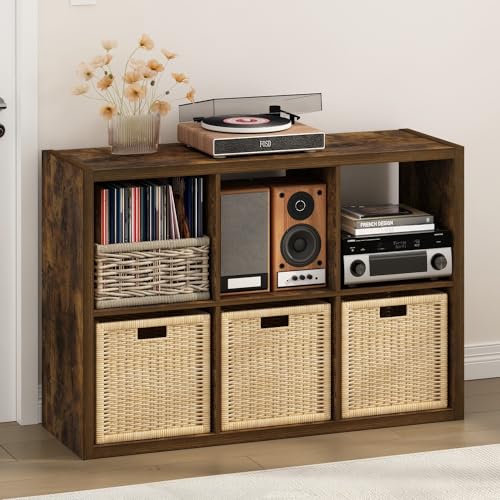 Image of Furinno Cubicle Record Player Stand, 6-Cube Record Storage, Amber Pine | Vinyl Storage, 1.2 inchInch Extra Thick, Open Back Media Shelf for CD DVD Bluray Game Disc, for Living Room, Home Office