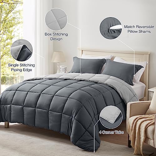 Satisomnia Lightweight Comforter Set Queen Grey, All Season Down Alternative Bed Comforter Set With 2 Pillow Shams, 3 Pieces Soft Reversible, Dark Grey And Light Gray Full/Queen Size #TOP3