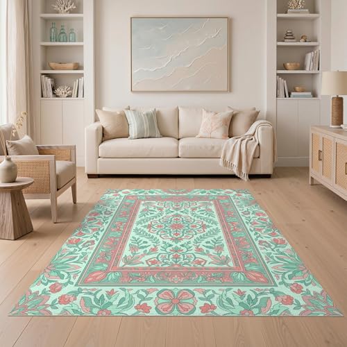 ODIKA 5'x7' Washable Traditional Botanical Area Rug, Seafoam Green Non-Shedding Pet Friendly Carpet for Small Living Room, Playroom, Bedroom, Easy Care Kids Safe Mat | Ref:2001379