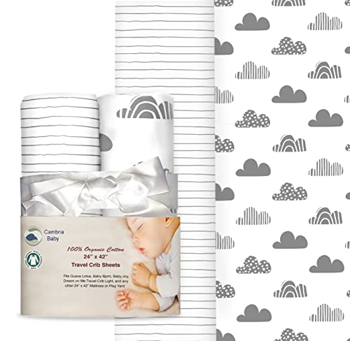 100 organic cotton fitted travel cribplayard sheets for guava lotus babybjorn dream on me baby joy and all 2434 x 4234 padsmattresses safety strap holes in corners 2 pk clouds and stripes