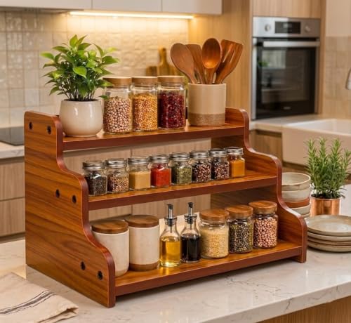 Image of 3-Tier Spice Rack, 13.8 Inch Wood Spice Bottles, Jars, Seasonings, Baking Supplies, Shelf Countertop Spice Storage Holder, Kitchen Pantry Cabinet Organizer Cupboard