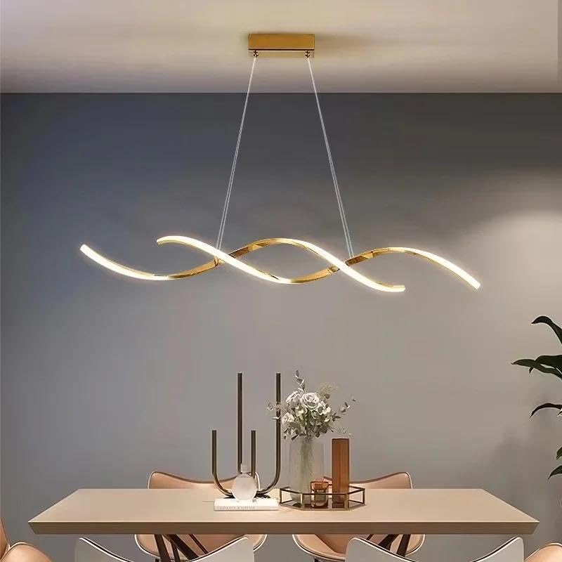 Image of blissbells Modern Wave LED Pendant Ceiling Light for Dining Room, Luxury Linear Hanging Chandelier with Adjustable Suspension, Gold Finish Decorative Light Fixture for Living Room & Kitchen Island