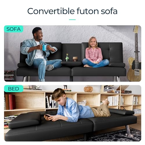 image for LINSY HOME Convertible Futon, Faux Lether Futon Couch Bed, Comfy Moder