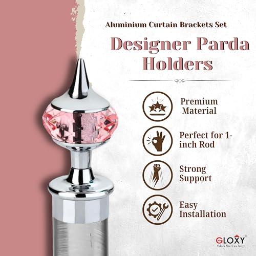 Image of GLOXY Single Diamond Aluminum Curtain Brackets Parda Holders with Support Fittings Designer 1 Inch Rod Pocket Finials for Door & Window(Silver Mix Pink,Pair of 2)