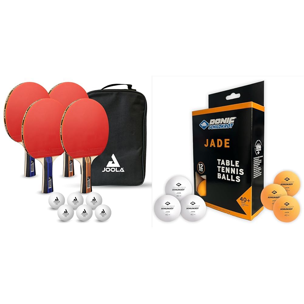 JOOLA Tischtennisset Family Advanced 4 Tischtennisschläger + 6 Tischtennisbälle 3Star + Tragetasche & Schildkröt 618045 Unisex – Erwachsene Donic Tischtennisball Jade, Poly 40+ Qualität