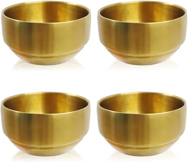 Roucerlin 4Pack Thick 304 Stainless Steel Bowls, Small Double Wall Rice Bowls, Stainless Steel Soup Bowl, Metal Bowls for Salad Fruit Cereal Noodle (Gold, 10.5cm)