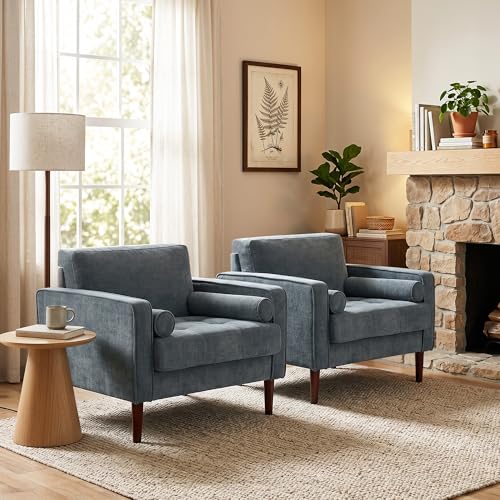 Image of Accent Chairs Stet of 2, Chenille Upholstered Armchairs for Living Room, Comfy Single Sofa Bedroom Reading Seat with 2 Bolster Pillows, Blue