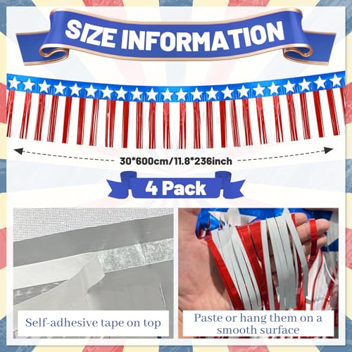 Image of 4 Packs 4th of July 250 Anniversary USA Decor, Red White and Blue Fringe Curtain Tinsel Streamers, Star Flag Hanging Backdrop Banner Table Skirts for Patriotic Party Independence Day