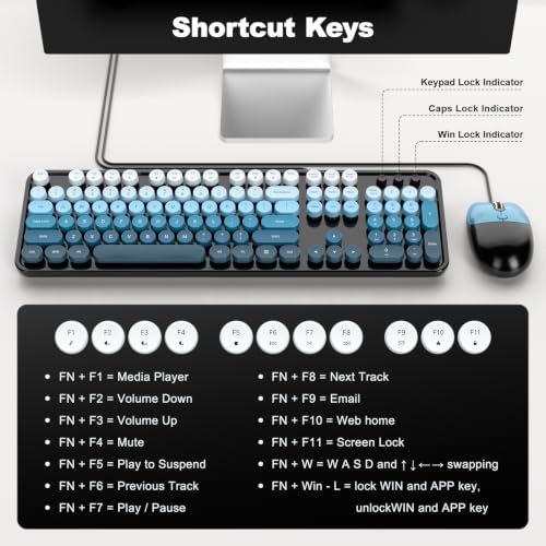 MOFII Wired Retro Typewriter Keyboard and Mouse Combo, Full Size USB Plug & Play for Windows PC Laptop- Black Blue by MOFII - Used condition - Image 3