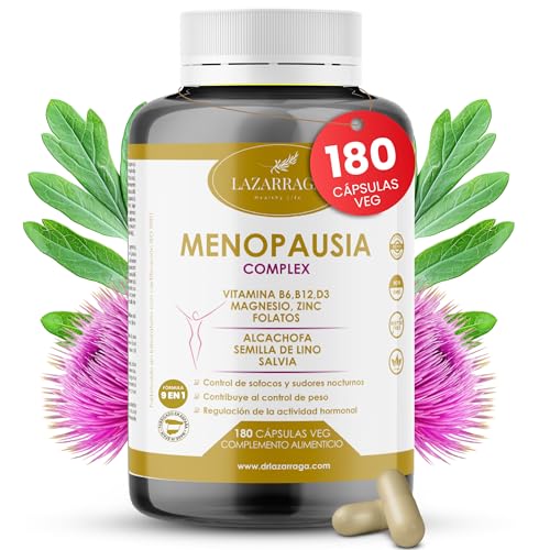 MENOPAUSIA COMPLEX 9 EN 1 | Control de Sofocos | Alivia el Hinchazón Abdominal | Vientre plano | Sin Soja ni Conservantes | 3 Meses de Tratamiento | 180 Cápsulas Veganas | Lazarraga
