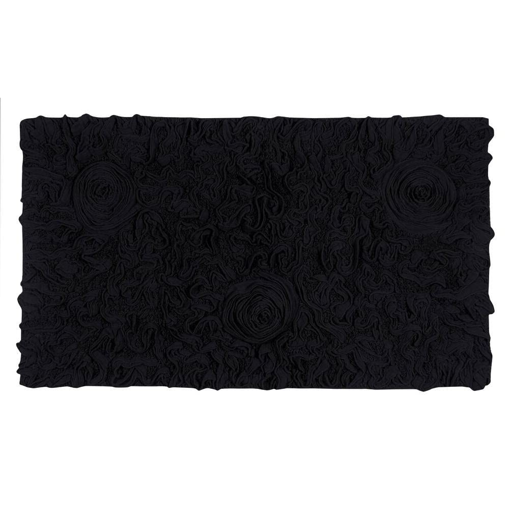 Luxurious Jet Black Bathroom Rug with Pretty Floral Tufted Pattern On Solid Background All Seasons Non Slip Back