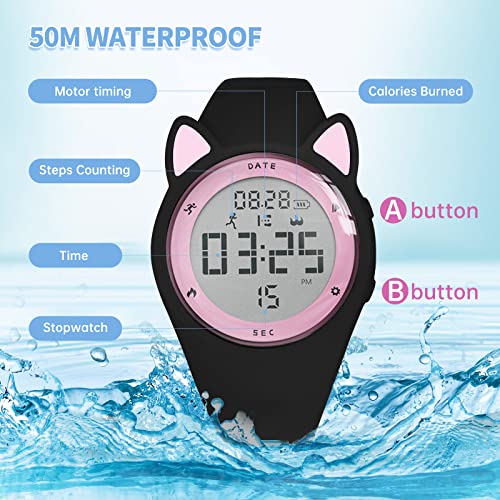 Kids Watch, Digital Watch for Girls Boys, Sport Watch with Alarm Clock, Stopwatch, Waterproof Fitness Tracker with No App for Ages 5-12 Children (MEhuipin-Black Pink)4