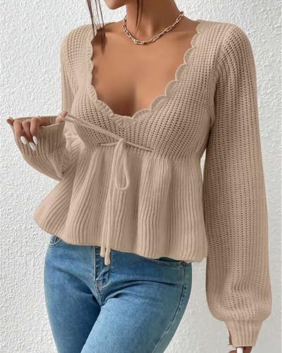 Image of BAIMORE Women's Casual Deep V Neck Drawstring Tie Front Long Sleeve Ruffle Hem Pullover Sweater