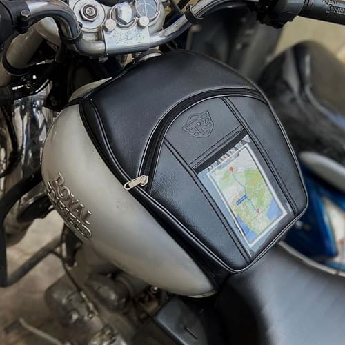 Image of Leatherette Scratch Protection Bike Tank Cover | Storage Bags | Compatible for Classic 350 /500 /Electra /Bullet | Comes with Transparent Pocket for Mobile - Black