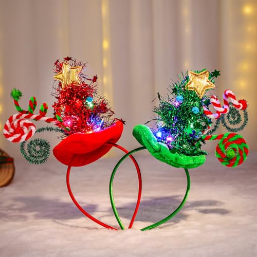 REETAN Light up Christmas Tree Headband(Green&Red)