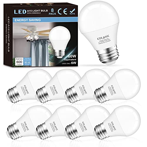 8 Pack Ceiling Fan Light Bulb 5000K Daylight, E26 Base A15 LED Bulb 60W Equivalent, Cotanic 6W Small Light Bulb for Refrigertaor, Chandelier Light Bulb, 600lm, Non-Dimmable