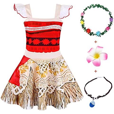WonderBabe Moana Costume for Girls Adventure Cosplay Fancy Party Dressing up Kids Child Halloween Birthday Princess Dress with Accessories Red Age 5-6 Years Cover