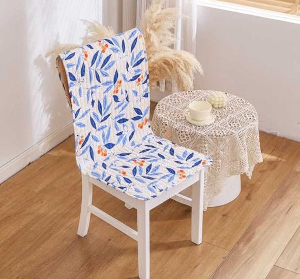 Image of HOMETHREADS Universal-Fit Cotton Fabric Chair Cover Comfortable Cushioned Seating Pad with Anti-Slip Back, Perfect for Kitchen,Dining Room (White Blue, Pack of 2)