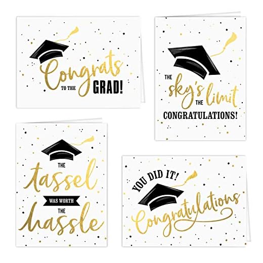 Graduation Cards / 12 Black And Matte Gold Cards With White Envelopes / 4 Black And Faux Gold Graduate Designs / 4 5/8" x 6 1/4" Congrats Grad Greeting Cards/Made In The USA