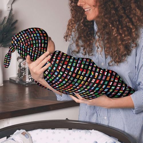 Image of Unisex Newborn Swaddle Blanket with Beanie Hat - Flag Pattern - Perfect for Baby Shower Gifts - Suitable for Newborns (0-6 Months) - Polyester Fabric
