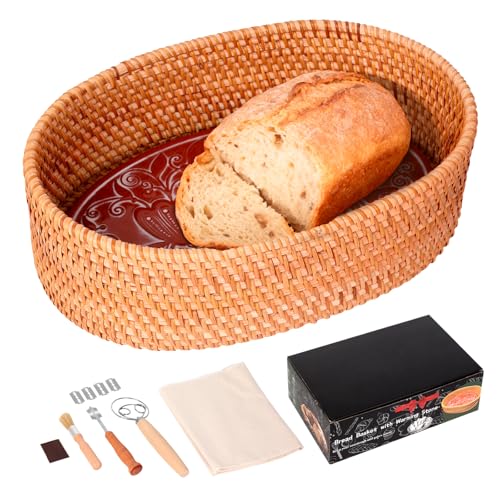 Bread Basket with Warming Stone and Cloth -Terra Cotta Bread Warmer 12.7 * 8.2 Oval Bread Basket with Warmer - Gifts for Hostess House Warming Baker Christmas -Bread Warmer Cesta De Pao De Piedra