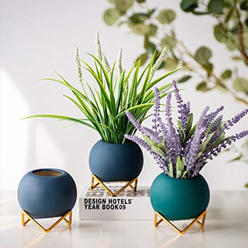 Miniatura 5 de Myconvoy Maceta de cerámica para plantas, maceta de interior de 4 pulgadas con soporte de metal dorado para hierbas, orquídeas, cactus, suculentas,