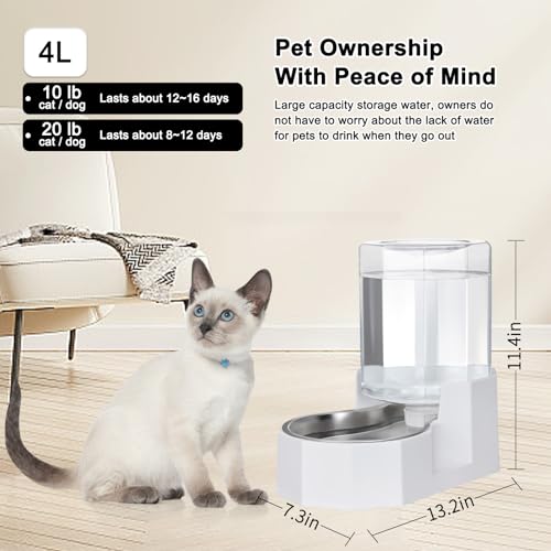 Sfozstra Gravity Water Bowl Dispenser : Automatic 4L White Cat Stainless Steel Feeder Without Filters for Pets Indoor/Outdoor by Owners - Image 3