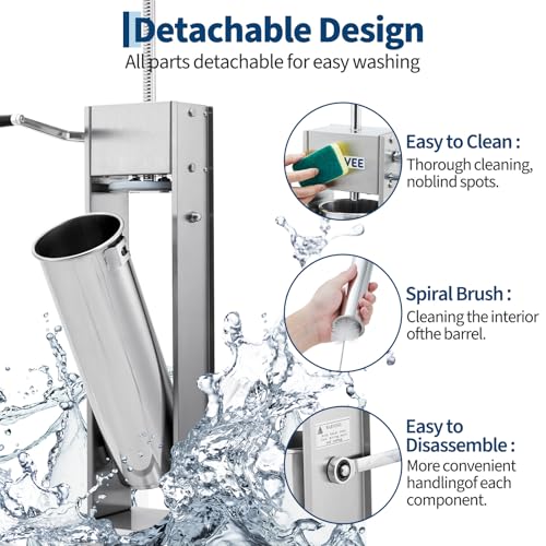 Image of Premium Vertical Sausage Stuffer Machine 7L with 5 Stainless Steel Stuffing Tubes, Detachable Parts for Easy Cleaning, Commercial and Home Use