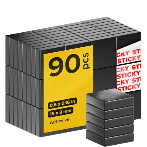 Image of Strong Ceramic Square Magnets With Adhesive Backing (0.6x0.16 inch /15x4mm, 90 pcs) - Heavy Duty Sticky Magnets, Non-Corrosive, Versatile For Home, Office, Workshop, Whiteboard, Fridge And Hobby Use