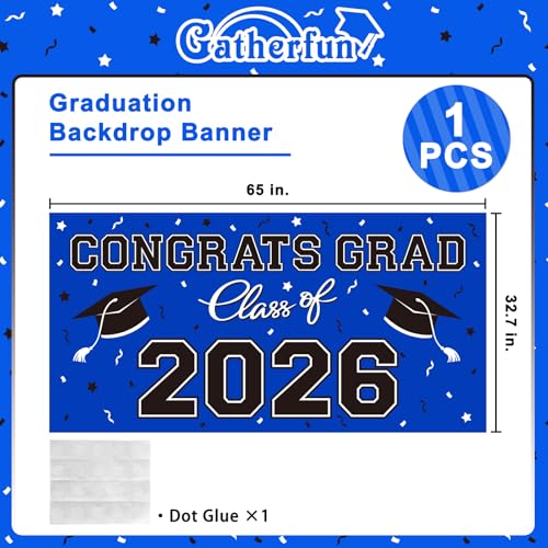 Image of Graduation Party Decorations 2026 Plastic Backdrop - 65 inch x 32.7 inch Congrats Grad Banner in Blue, Large Class of 2026 Decorations, Photography & Grad Party Supplies