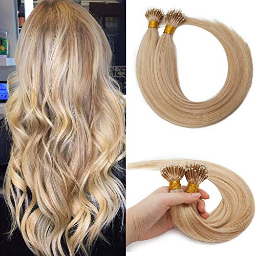 S-noilite Nano Bead Ring Human Hair Extensions Balayage 18Inch Pre Bonded Nano Tip Hairpieces Cold Fusion Remy Hair 50g 50 Strands For Women #18/613 Ash Blonde/Bleach Blonde
