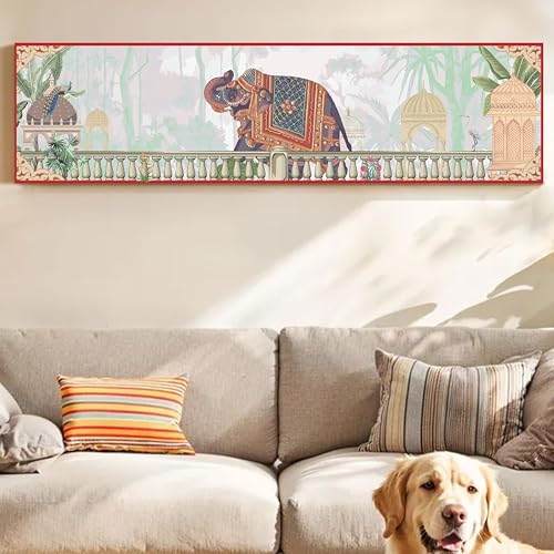 Image of Royal Indian Elephant Vastu Canvas Wall Art Painting For Living Room, Traditional Palace Scene Elephant Painting, Vintage Heritage Panoramic Garden Wall Art For Home & Office, 12x46 Inch