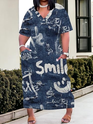Image of SUZONANA Womens Plus Size 3D Denim-Print Fashion Maxi Dresses Casual Soft Tshirt Dress