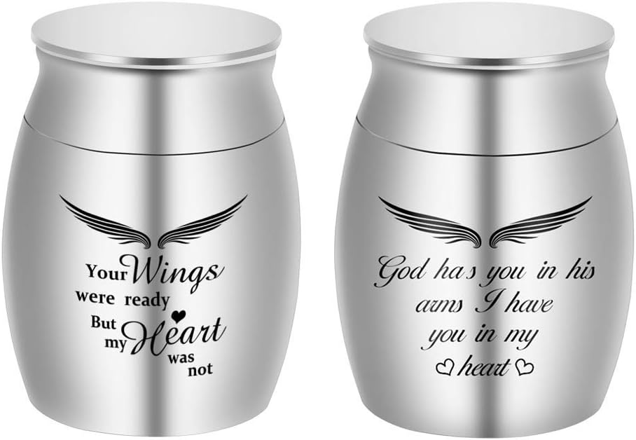 Small Keepsake Urns for Human Ashes Mini Cremation Urns for Ashes Stainless Steel Memorial Ashes Holder Your Wings were Ready, But My Heart was Not & God Has You in His Arms, I Have You in My Heart