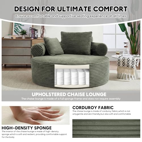 Image of Oversized Round Chair Lounge Chaise Indoor, 55.5 inch Upholstered Corduroy Deep Seat Single Cloud Sofa Chair, Fluffy Modern Large Circle Boneless Sleeper Sofa for Living Room, Bedroom, Green