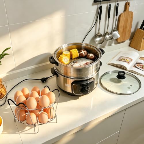 Image of 304 Stainless Steel Stackable Egg Steamer Rack Holds 18 Eggs | Double-layer Wire Steaming Rack & Skewers with Heat-Resistant Handles for 6qt /8qt Pressure Cooker Grilling