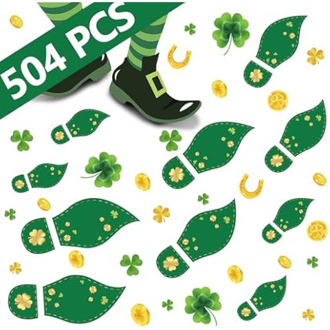 jollylife 504PCS St. Patrick's Day Decorations Leprechaun Footprints Floor Decals - Shamrock Gold Coin Party Decorations Stickers Cover