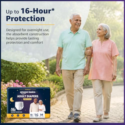 Image of Amazon Basics Overnight Adult Diapers Pants Style | Medium Size | 32 Count | (16 x Pack of 2) | Up to 16-Hour* Protection | Double-Layer Absorbent Core | Aloe Vera Inner Layer